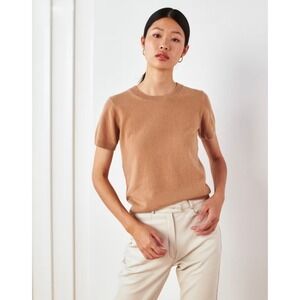 QUINCE Mongolian Cashmere Tee Sweater Short Sleeves Knit Pullover Camel Medium